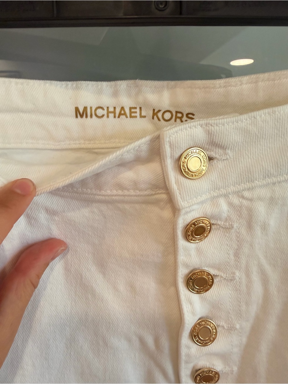 Michael Kors White Denim Button-Front Skirt with Gold-Tone Hardware